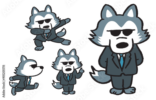 サングラスをかけたボディガード風のオオカミのキャラ素材