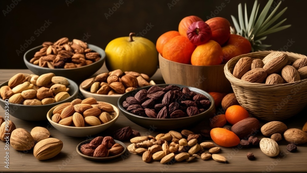A bountiful display of nuts and fruits ready for a healthy snack A bountiful display of nuts and fruits ready for a healthy snack