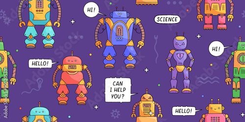 Seamless pattern with colorful cute kids robots and droids. Robot toys cartoon characters with friendly faces. Wallpaper, wrap, textile design template. Vector illustration