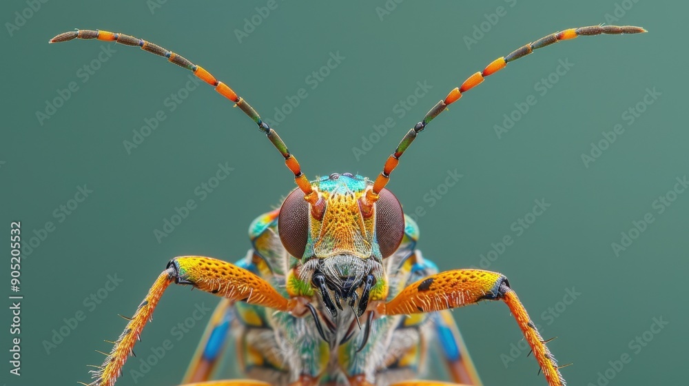 Fototapeta premium Colorful insect with long antennae and a large head on a solid background.