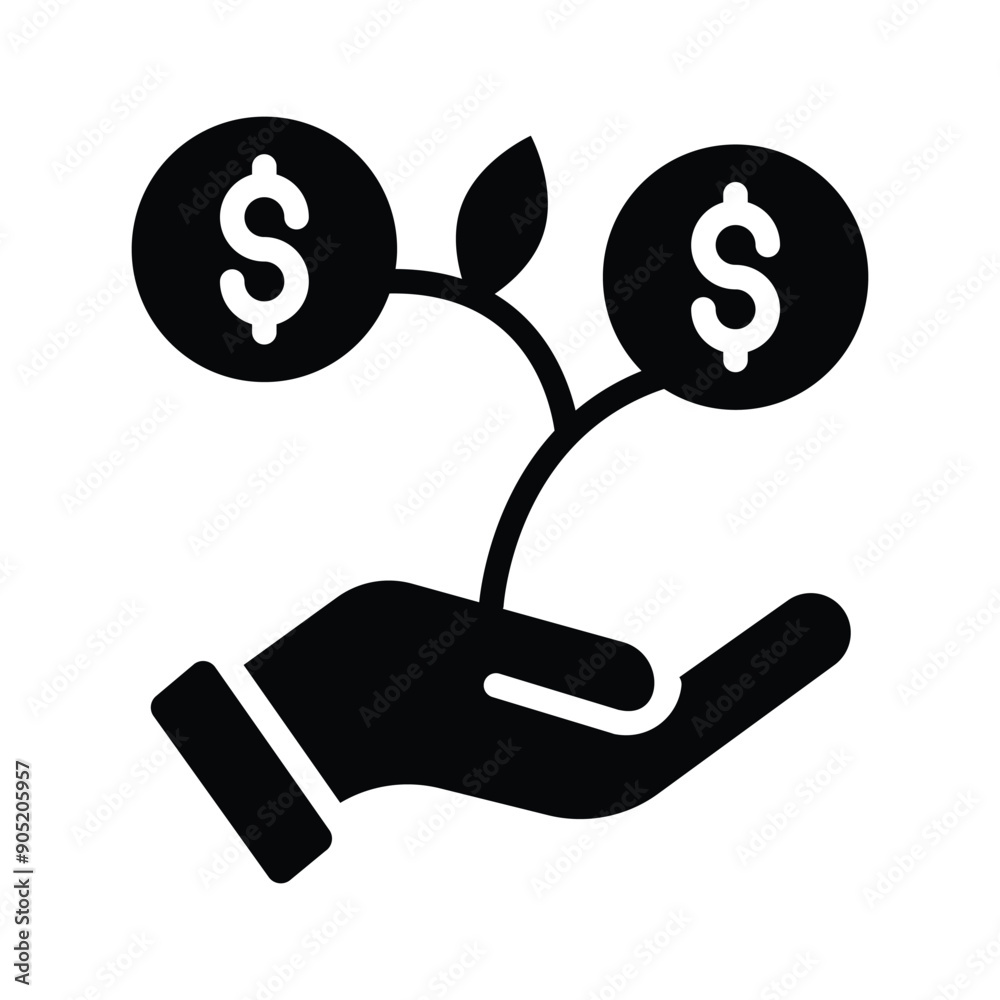 A hand gesture holding a money plant represents a grow money icon A hand gesture holding a money plant represents a grow money icon