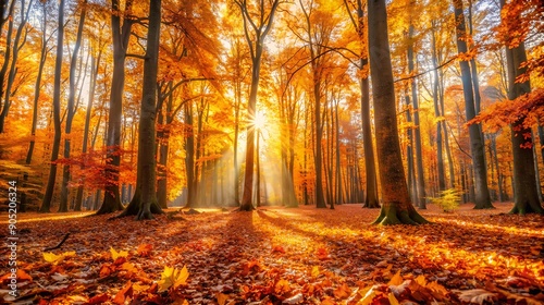 Glorious Autumn Forest Landscape with Golden and Orange Leaves, Sunlight Filtering Through Branches, Peaceful Scenic View of Colorful Fall Season in Nature, Picturesque Woodland Setting