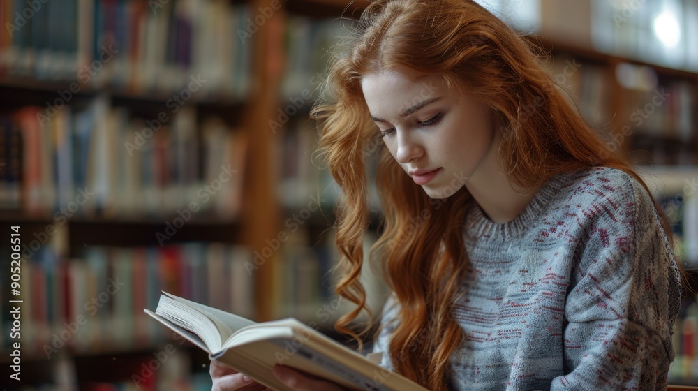 Redhead female student reading a book in a library, focused and studious. Redhead female student reading a book in a library, focused and studious.