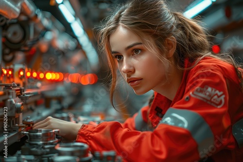 Female factory worker inspecting products assembly line, concentrating on quality control