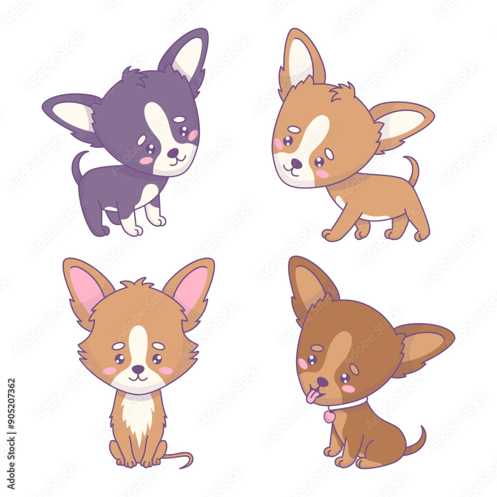 Cute Chihuahua collection. Isolated cartoon funny kawaii animal characters. Vector illustration. Kids collection