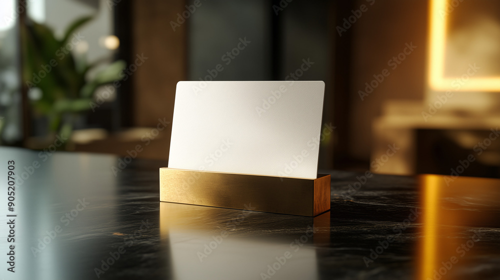 modern business card holder, white business card, closeup of desk, green gold brown color grade, cinematic lighting, modern business card holder, white business card, closeup of desk, green gold brown color grade, cinematic lighting,