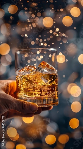 Hand holding a glass of whiskey with ice cubes, festive bokeh lights in the background, creating a warm and celebratory ambiance. photo