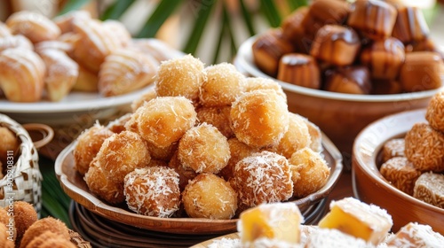 Traditional Brazilian birthday party sweets Desserts like beijinho made of coconut olho de sogra coconut sweet filled with plum and mini churro with dulce the leche Close up cropped photo