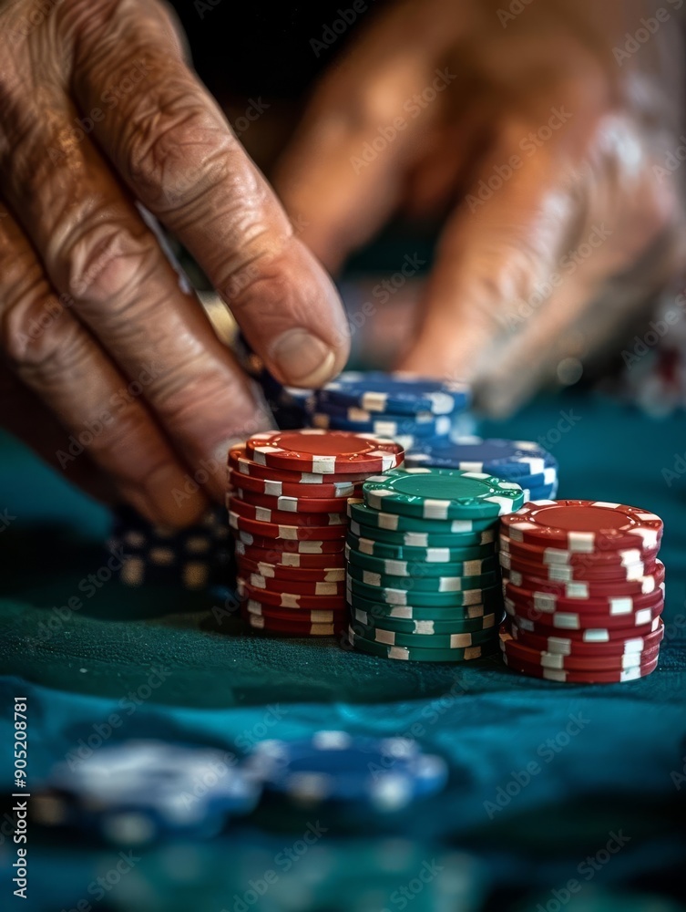 Close-up of hands stacking poker chips on a green table, depicting a tense moment in a casino or poker game. Close-up of hands stacking poker chips on a green table, depicting a tense moment in a casino or poker game.