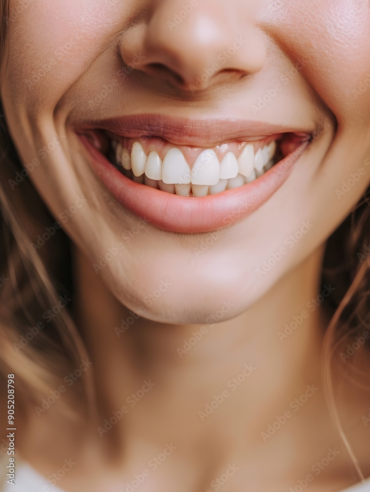 Fototapeta premium Close-up of a woman smiling, highlighting her white teeth and healthy gums. Dental care and hygiene concept with a bright and cheerful mood.