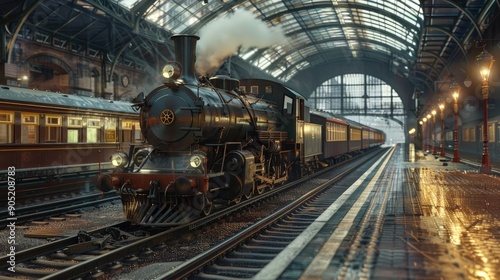 An old steam locomotive at the railway station next to the platform photo