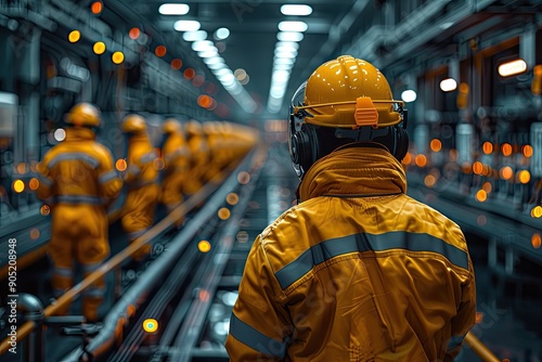 Group of workers collaborating production line, modern factory setting