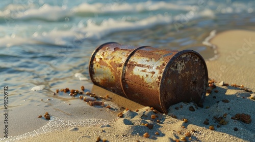 rusty gas cylinder abandoned on the sand of the water shore to pollute photo