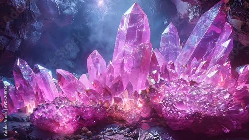 Glowing pink crystals in a mysterious underground cavern