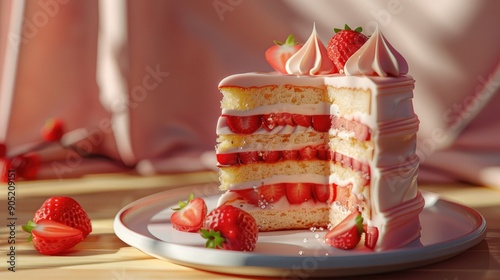 Strawberry layered cake sliced and served photo