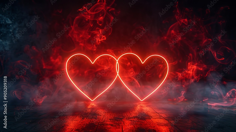 Bright Neon Hearts Illuminated With Red Smoke in Dark Room Bright Neon Hearts Illuminated With Red Smoke in Dark Room