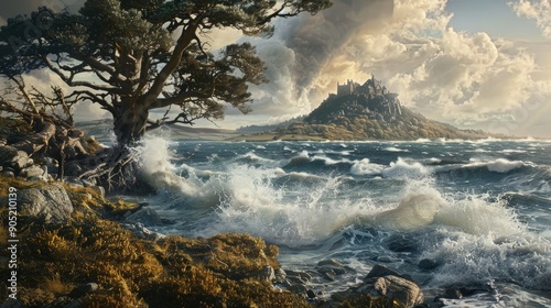 tsunami hitting st michaels mount throwing down an oak hazel and willow forest surrounding the mount