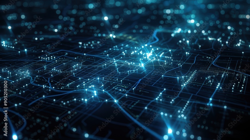 Futuristic urban map with illuminated dots and lines symbolizing connectivity, data, and iot Futuristic urban map with illuminated dots and lines symbolizing connectivity, data, and iot