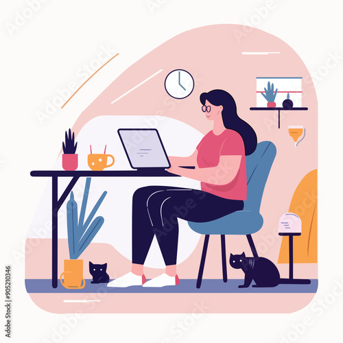 Girl working on desk illustration or remote work concept illustration