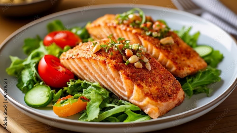 Deliciously grilled salmon with a fresh salad Deliciously grilled salmon with a fresh salad
