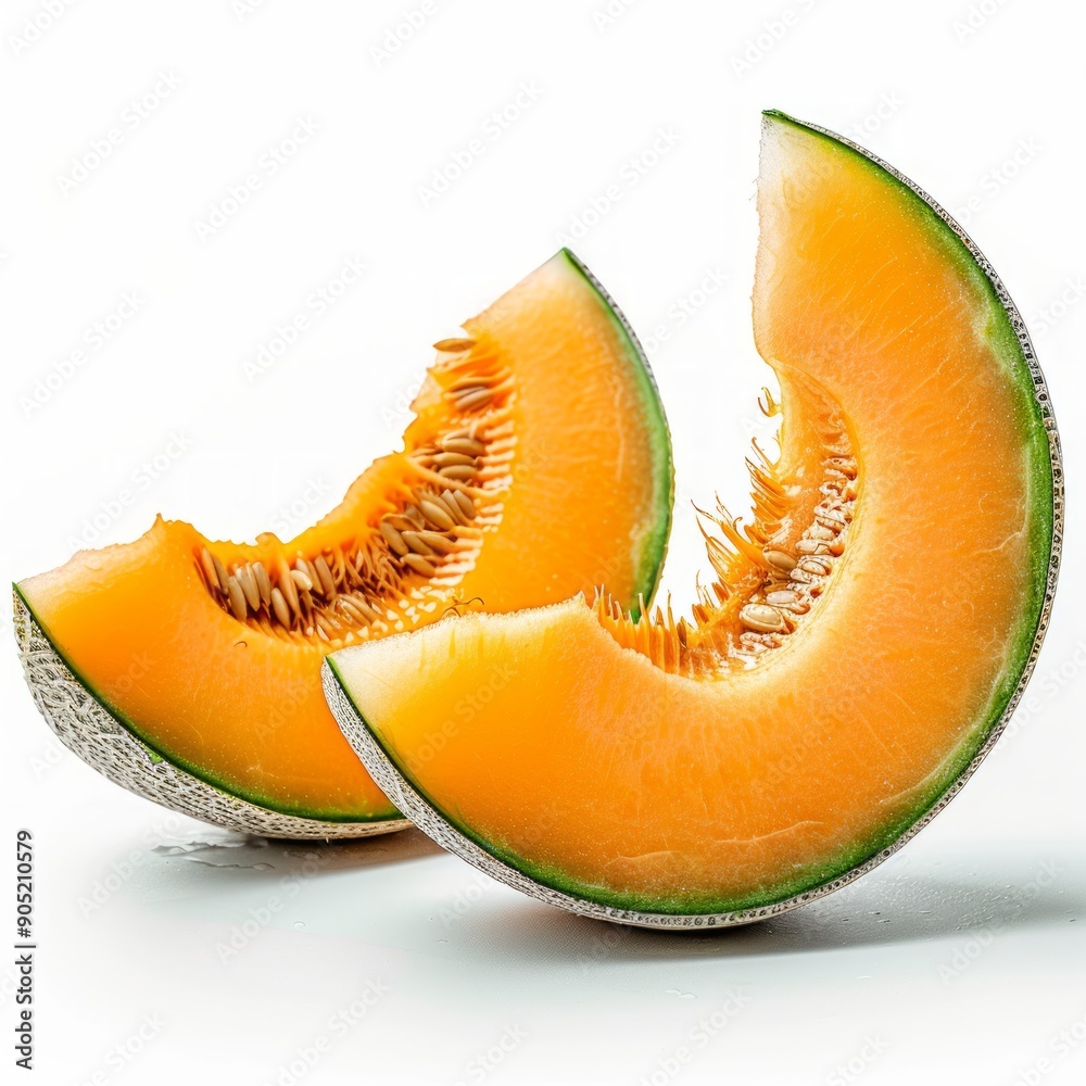 Medium shot of whole Cantaloupe near the sliced piece of Cantaloupe, isolated on a white background, Medium shot of whole Cantaloupe near the sliced piece of Cantaloupe, isolated on a white background,