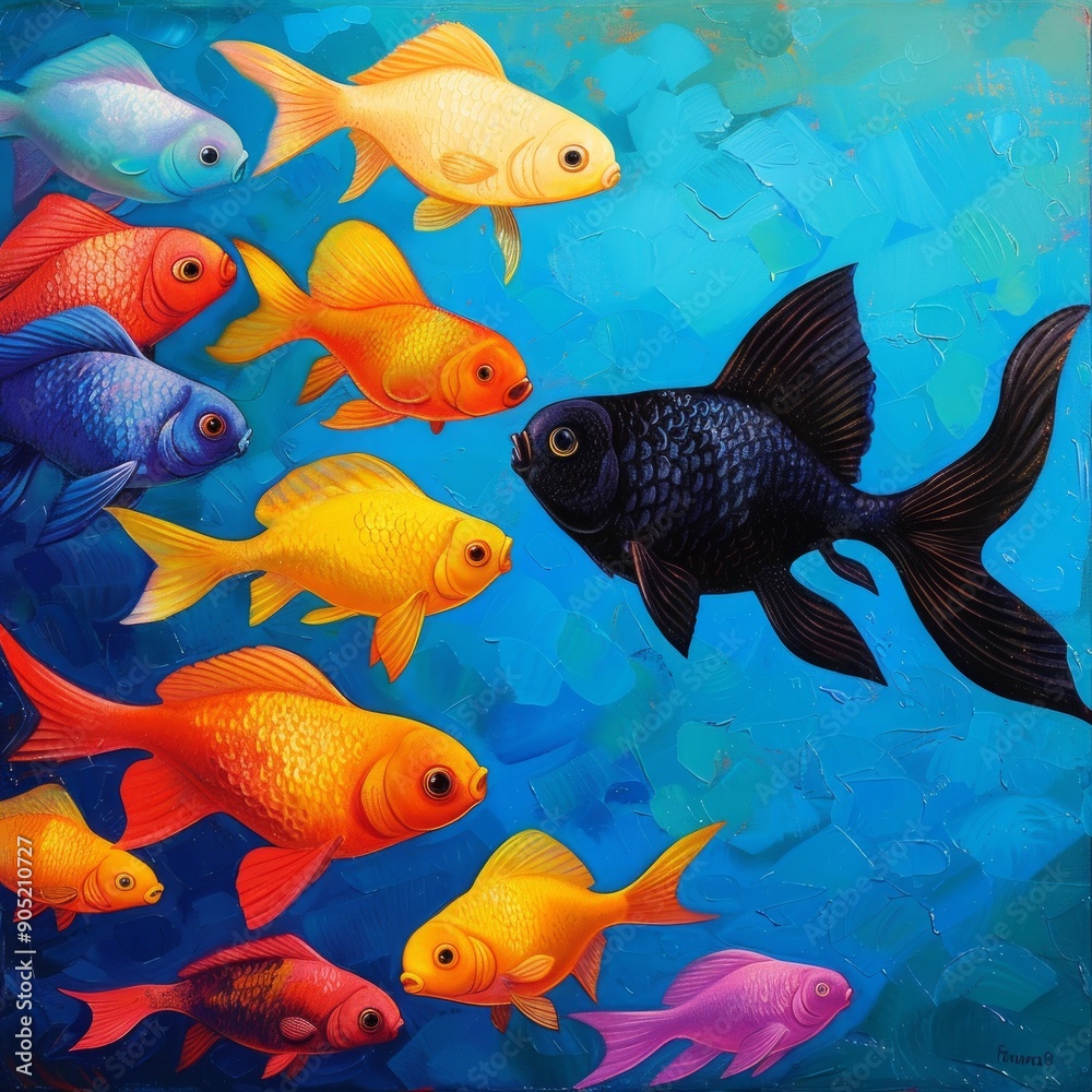 Fototapeta premium A lonely black goldfish among colorful ornamental fish