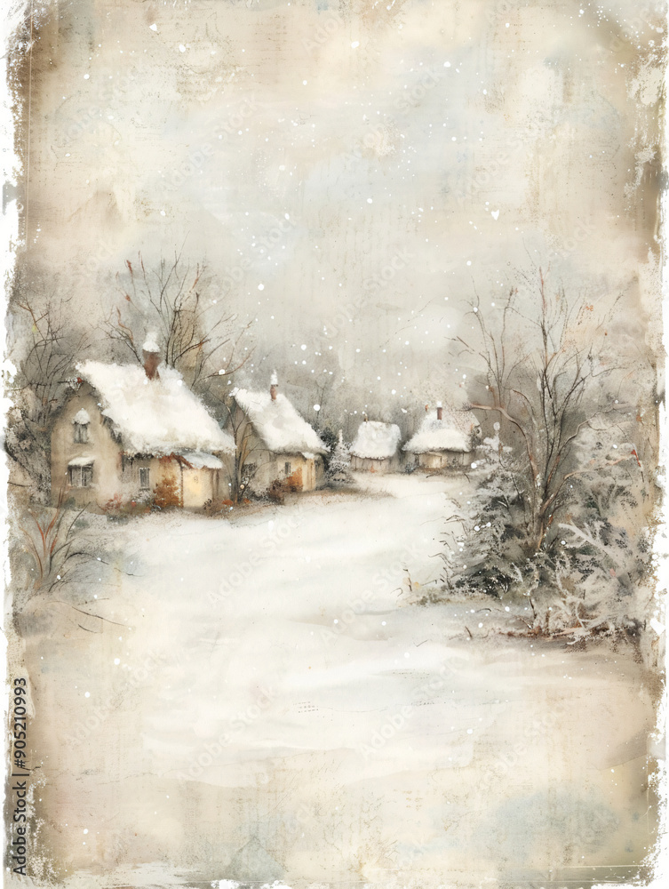 Winter village with houses and trees on a snowy background. Watercolor painting with textured background. Winter holidays and christmas concept for design and print Winter village with houses and trees on a snowy background. Watercolor painting with textured background. Winter holidays and christmas concept for design and print