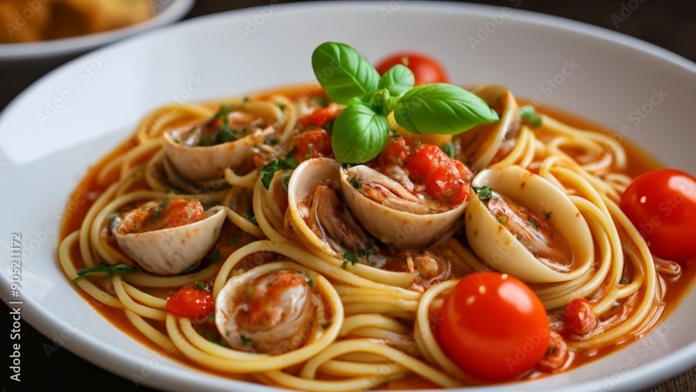 Delicious seafood pasta dish ready to be savored Delicious seafood pasta dish ready to be savored