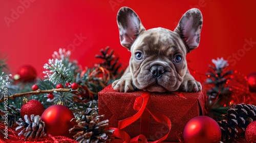 Merle colored French Bulldog dog puppy sitting next to red Christmas gift box with ribbon surrounded by seasonal decoration photo