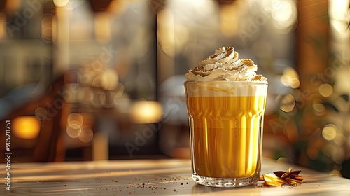 Freshly made golden milk or turmeric latte with a whipped cream topping on a table Afternoon drink or refreshing drink Natural light selective focus photo
