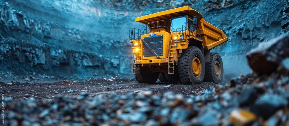 Large Yellow Mining Dump Truck on a Rocky Path Large Yellow Mining Dump Truck on a Rocky Path