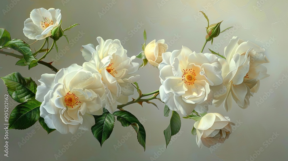 Obraz premium Rosa Wedding Day Rambling rose Trusses of large scented creamy white flowers with yellow stamens and glossy green foliage on thornless stems