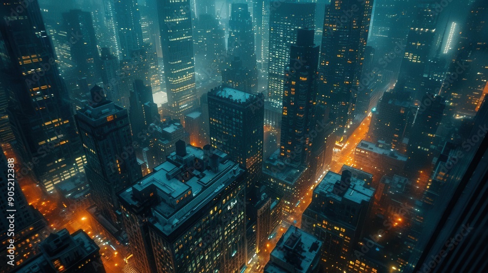 Noir city skyline at night from a bird's-eye view dim streetlights and windows glowing in the darkness moody atmosphere,