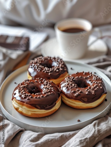 Delicious chocolate donuts topped with sprinkles served on a cozy breakfast tray next to a cup of coffee.