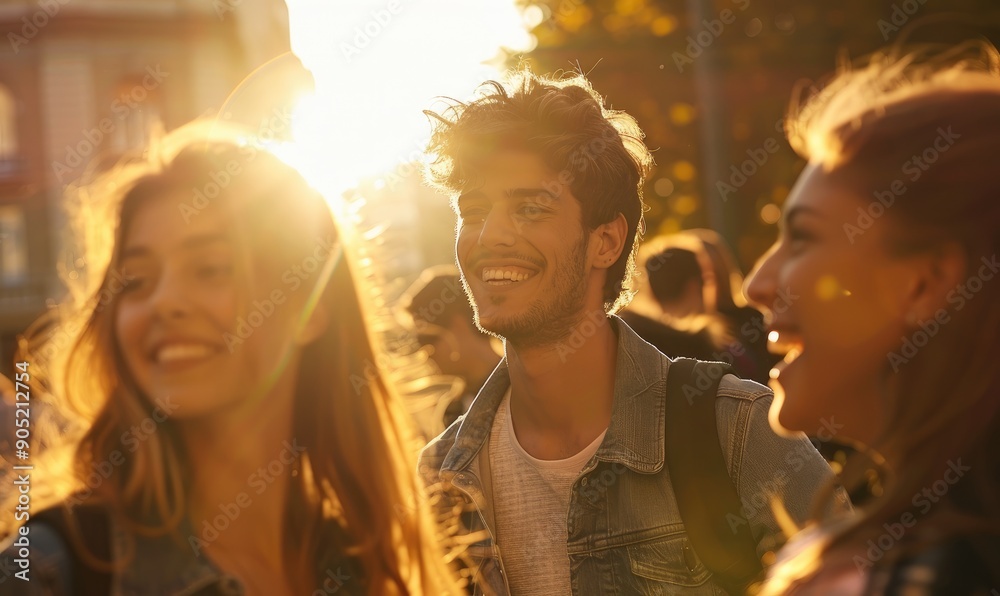 A lively group of young people enjoy each other's company in a sun-drenched outdoor setting, radiating warmth and happiness as they socialize and share a vibrant moment A lively group of young people enjoy each other's company in a sun-drenched outdoor setting, radiating warmth and happiness as they socialize and share a vibrant moment