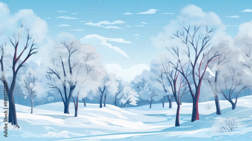 Fototapeta premium Winter scene with frosty trees and mist, tranquil and cold, flat design illustration