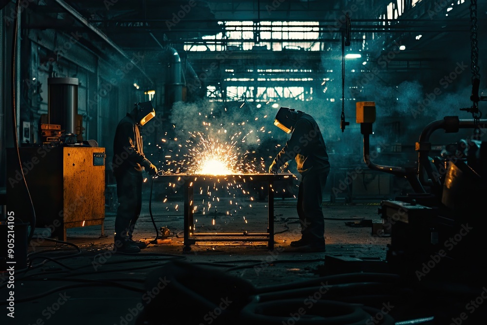 Industrial workers in safety helmets and helmets welding metal in a metallurgical plant Industrial workers in safety helmets and helmets welding metal in a metallurgical plant