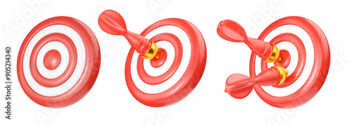 Target arrow 3d render set, bullseye concept with arrow for business, red circle dartboard icon on white background