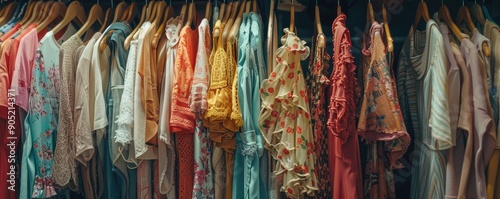 A collection of beautifully patterned floral dresses hangs on a white clothing rack, capturing the essence of vibrant fashion and the elegance of modern design photo