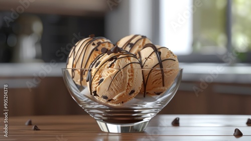 Serving homemade chocolate chip ice cream drizzled with chocolate in a glass bowl photo