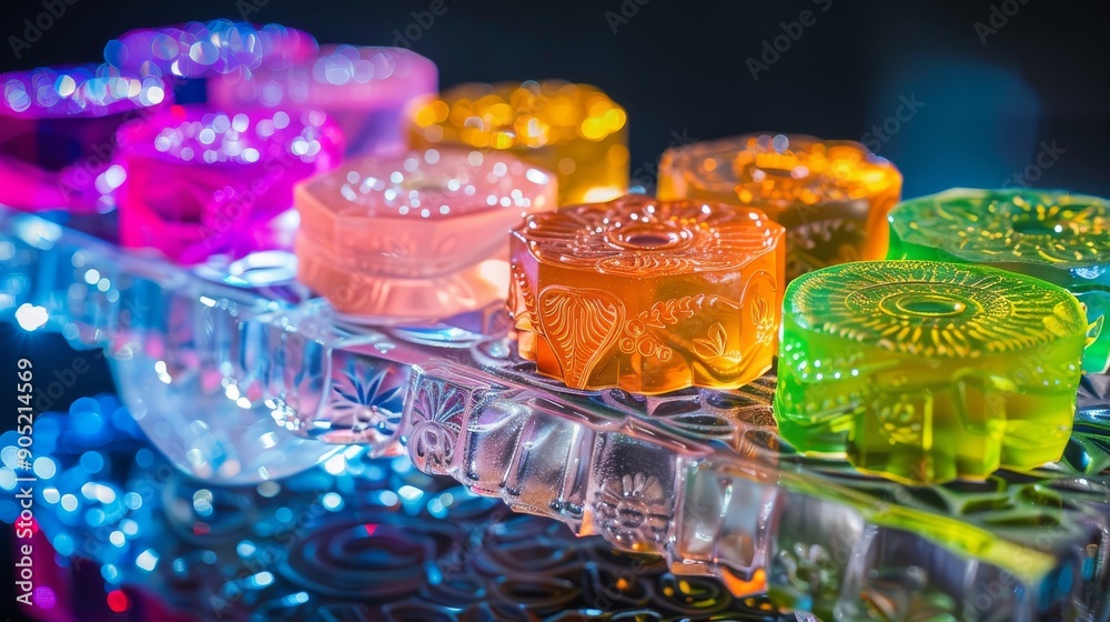 visually appealing glass mooncakes in vibrant colors on transparent display stand with intricate patterns visually appealing glass mooncakes in vibrant colors on transparent display stand with intricate patterns