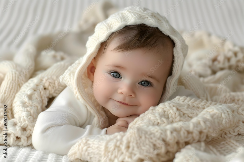 Cute Baby Girl with Blue Eyes Wearing Knitted Hat and Blanket Cute Baby Girl with Blue Eyes Wearing Knitted Hat and Blanket