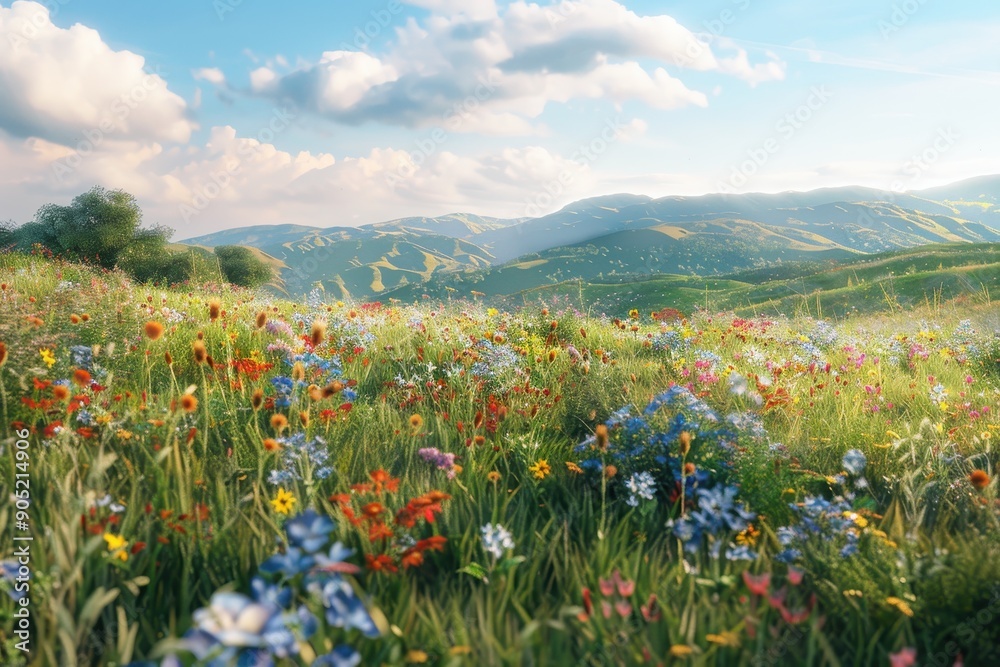 Fototapeta premium A vibrant wildflower meadow amidst rolling green hills under a bright blue sky.