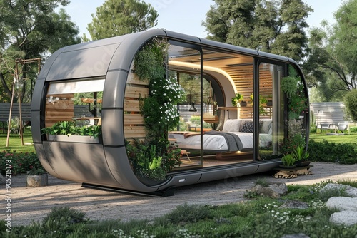 Modern family home with clean lines and sustainable design elements, integrating seamlessly with its garden landscape.