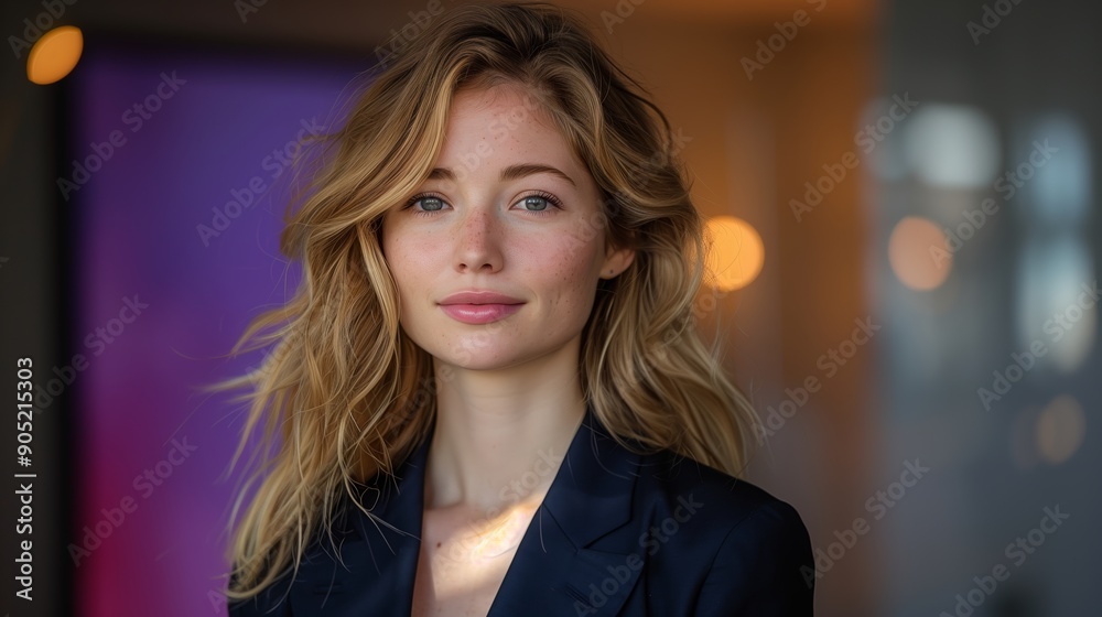 Young Woman With Flowing Hair Posing Elegantly Inside Modern Urban Space During Daylight Young Woman With Flowing Hair Posing Elegantly Inside Modern Urban Space During Daylight