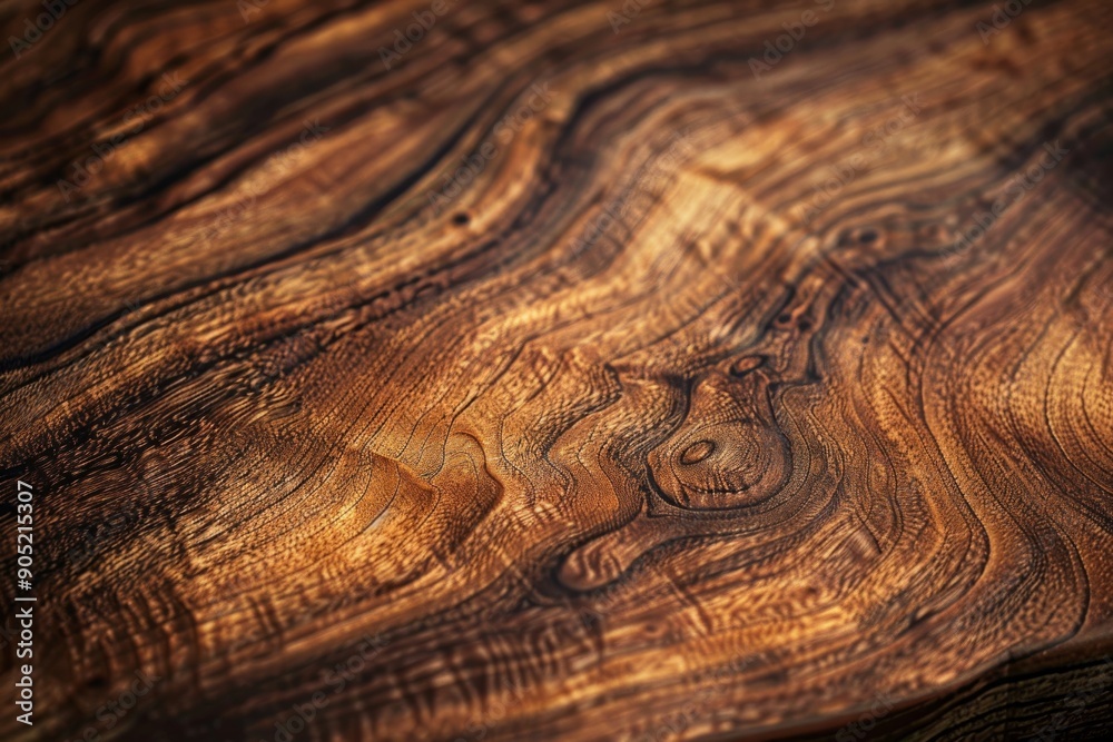 A detailed view of a polished wooden surface, showcasing its natural grain patterns and textures. The image highlights the intricate details of the wood, revealing its unique characteristics.