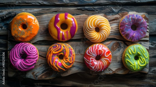 vibrant colorful donuts on rustic wooden planks with diverse designs in minimalistic hyper realistic commercial style