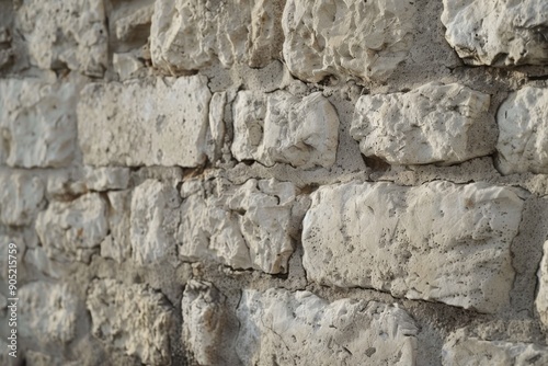 A detailed view of a weathered stone wall, showcasing its rough, uneven texture. The image highlights the natural imperfections and aging process of the stone.