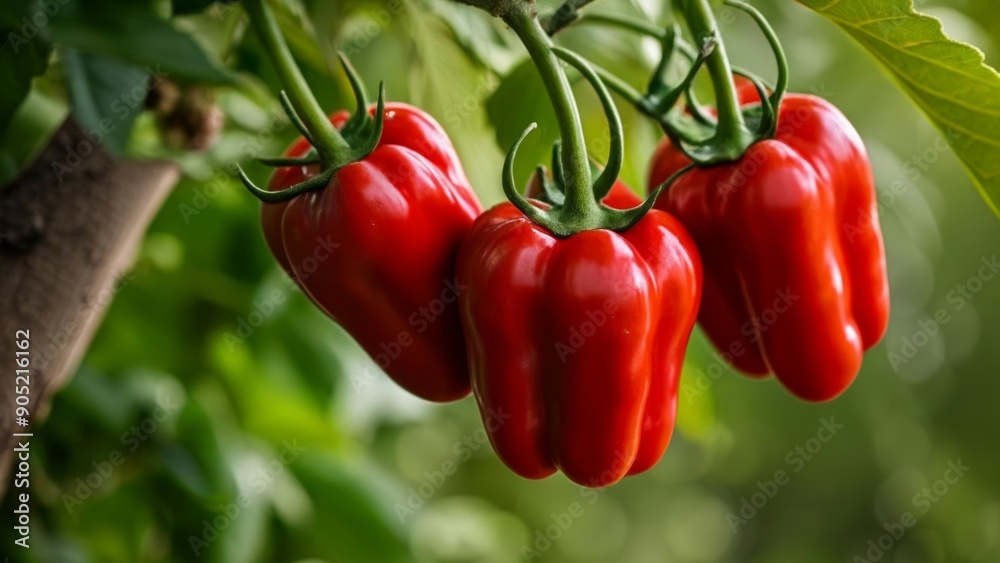 Bright red peppers hanging from the vine ready for harvest Bright red peppers hanging from the vine ready for harvest