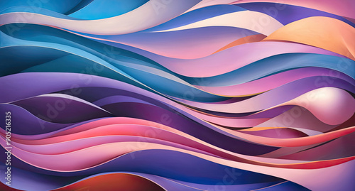 Abstract a harmonious blend of colors and shapes. The design features intricate, fluid elements reminiscent of ribbons and spheres in a mesmerizing dance. Generative AI